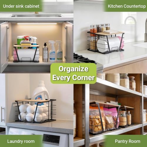 Trash Bag Dispenser 2 in 1 Under Sink Organizer, Garbage Bag Roll Holder | with Bamboo Lid, Fits 13/30/33 Gal Large Bag Roll, Open Back Storage for Tall Bottles, for Kitchen, Bathroom, Laundry Room