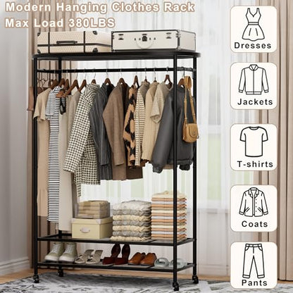 BACEKOLL Clothes Rack with Cover Heavy Duty Rolling Portable Closet 380LBS | Clothing Rack with Dust Cover, 360° Smooth Wheels, 12 Hooks, Steel Frame, Space-Saving Design, 380LBS Garment Rack, Black