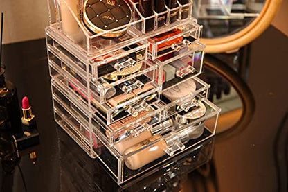 Cq acrylic 3 Pack Clear Makeup Organizer Countertop,Stackable 8 Drawers Skincare Organizer,Cute Skin Care Organizer for Vanity Hair Clip,Jewelry,Beauty Product Desk and Make Up Organizers for Vanity