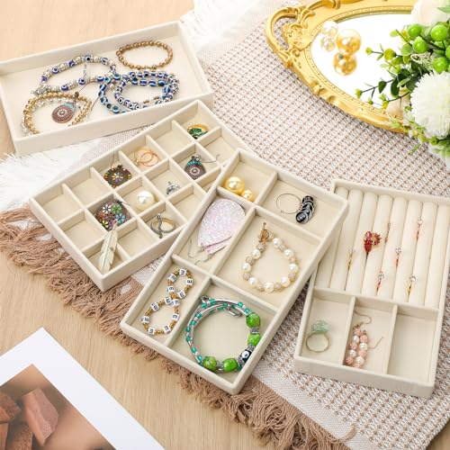 8 Pcs Small Velvet Jewelry Trays Stackable Drawers Organizer Inserts Divided Display Trays for Earring Ring Necklace, Beige