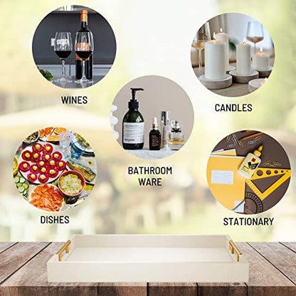 ATZYmolin 17"x12" Leather Serving Tray, Gold Handle Vanity Platter, White | Rectangle Ottoman Decor Tray, Polished Metal Handles, Coffee Table Bathroom Home Decorative Wood Tray