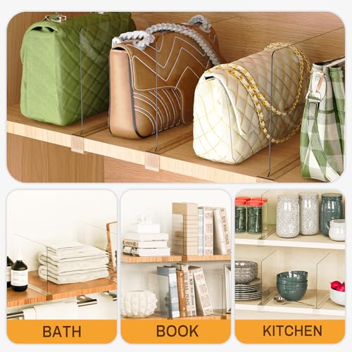 8 Pack Closet Shelf Dividers Purse Handbag Organizer Storage | Acrylic, Clear, Suitable for Kitchen, Office, Bookshelf, Cabinet, Sweater, Clothes, Towel, Bag Tall Separators Organization