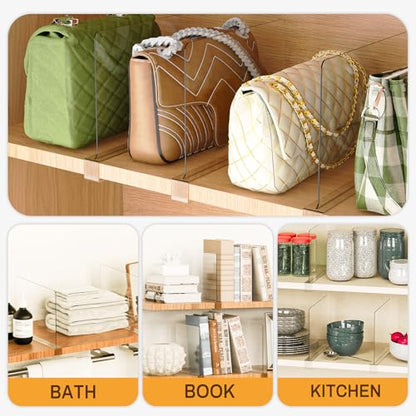 8 Pack Closet Shelf Dividers Purse Handbag Organizer Storage | Acrylic, Clear, Suitable for Kitchen, Office, Bookshelf, Cabinet, Sweater, Clothes, Towel, Bag Tall Separators Organization