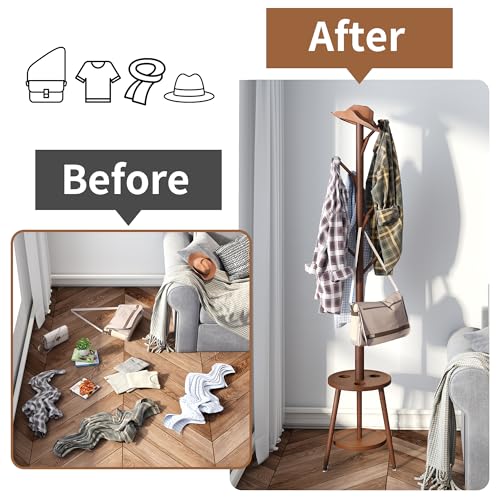 Freestanding Coat Rack with Umbrella Organizer Tray Bamboo Coat Tree Rack with 8 Hook Stand for Clothes Bag Hats Entryway Hanger Stand(Brown)