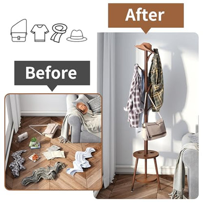 Freestanding Coat Rack with Umbrella Organizer Tray Bamboo Coat Tree Rack with 8 Hook Stand for Clothes Bag Hats Entryway Hanger Stand(Brown)