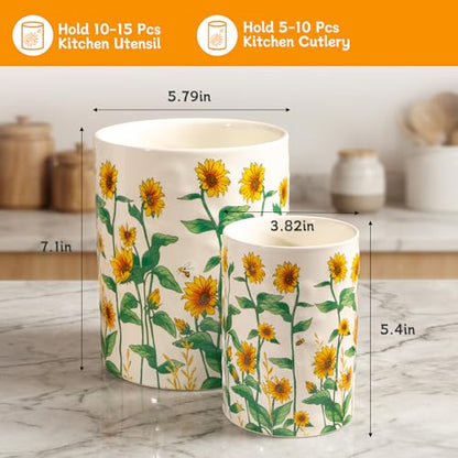Sunflower Utensil Holder, 7.1"+5.4" Ceramic Utensi... (Yellow | Ceramic)