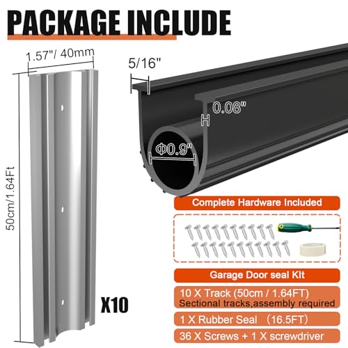 Garage Door Seals Bottom Rubber – 16.5FT EPDM Weatherproof Seal with Pre-Drilled Aluminum Track Retainer Kit, Fits 8-20FT Doors, Rodent Proof, Noise Reducing (1.57" Width, Black)