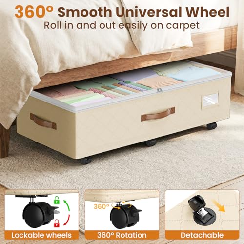 80L 2 Pack Adjustable Under Bed Storage with Wheels, Beige | Underbed containers with clear lids, rolling underbed shoe storage organizer for dorm clothes, blankets, easy to install
