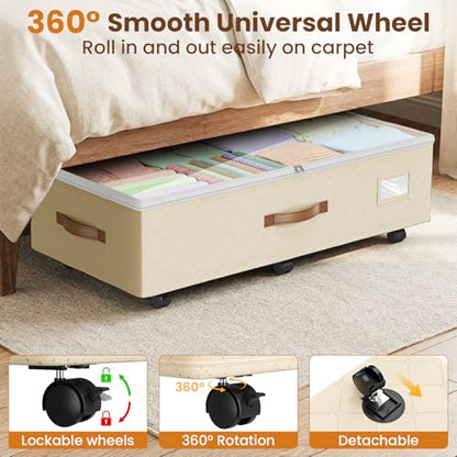 80L 2 Pack Adjustable Under Bed Storage with Wheels, Beige | Underbed containers with clear lids, rolling underbed shoe storage organizer for dorm clothes, blankets, easy to install