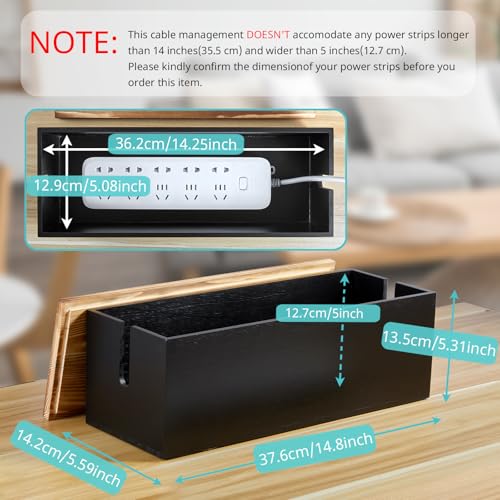 Large Cable Management Box, Wooden Cord Organizer Box for Desk, Floor, Office to Hide Extension Cords Power Stripes Surge Protectors Chargers Wires, Black