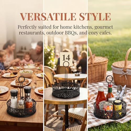 Lyellfe 2 Pack Condiment Caddy with Menu Number Card Holder | Metal Black Restaurant Table Caddy, Decorative Carved Seasoning Organizer for Grill Outdoors, Kitchen Cabinet, Camping