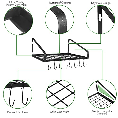 Hanging Pots & Pans Rack,Wall Mounted Pots Pans Organizer Holder Rack with 8 Hooks, Kitchen Wall Storage Organizer Hanger Shelves for Pans Set, Utensils, Cookware, Books, Household,Black
