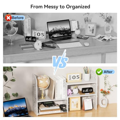 YGYQZ Adjustable Desktop Shelf Organizer, 3-Tier Expandable Desk Shelf, White Pattern