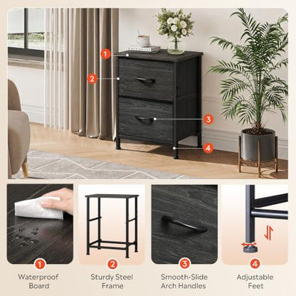 WLIVE Night Stand, Small Dresser with 2 Drawers & Wooden Top, Nightstand with Fabric Bins, Bedside Table End Table for Bedroom, Closet, Entryway, College Dorm, Charcoal Black | Nightstand with Fabric Bins, Bedside Table End Table for Bedroom, Kids Room