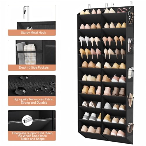 LANTEFUL Over the Door Shoe Organizer, Hanging Shoe Rack for Closet Door Shoe Storage for 30 Pairs Sneaker and Boots, Large Shoe Holder for Door with 10 Side Pockets, Space Saving, Black