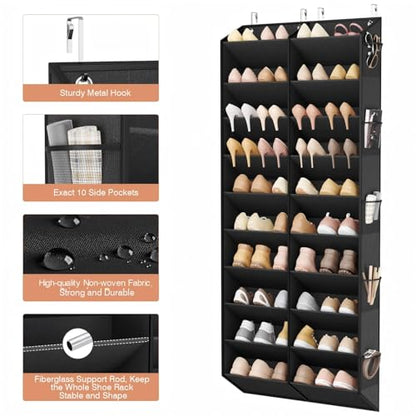 LANTEFUL Over the Door Shoe Organizer, Hanging Shoe Rack for Closet Door Shoe Storage for 30 Pairs Sneaker and Boots, Large Shoe Holder for Door with 10 Side Pockets, Space Saving, Black