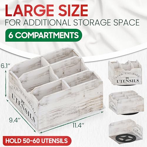 Extra-Large Kitchen Utensil Holder for Countertop-360° Rotating Base | 6-Compartments Cooking Utensil Organizer, Removable Divider, Wooden Utensil Organizer for Countertop, Farmhouse Kitchen Decor