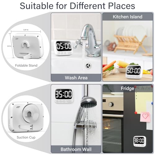 HAUKINIX Shower Timer Waterproof Bathroom Toilet Timer Digital Kitchen for Wall Mount, Study w/Foldable Stand, Countdown Stopwatch w/Suction Cup for Swim, Rechargeable, White