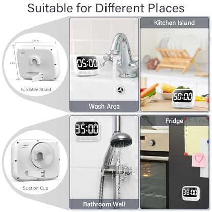HAUKINIX Shower Timer Waterproof Bathroom Toilet Timer Digital Kitchen for Wall Mount, Study w/Foldable Stand, Countdown Stopwatch w/Suction Cup for Swim, Rechargeable, White