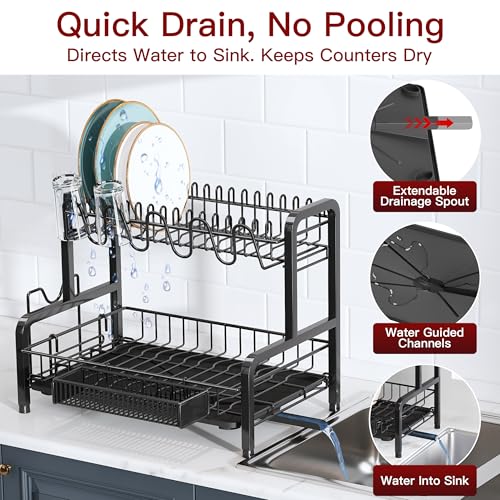 2 Tier Black Stainless Steel Dish Drying Rack for Kitchen Counter | Large Capacity Dish Drainer with Drainboard, Cup & Utensil Holder, Space Saving Rustproof Metal Plate Rack, Fast Drain