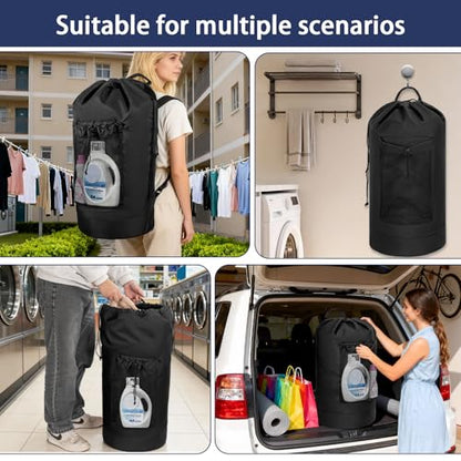 150L Laundry Bag Backpack with 3 Sizes Mesh Wash Bags and Shoulder Straps | Foldable Clothes Hamper Bag with Drawstring Closure for College, Apartment, Laundromat（Black）