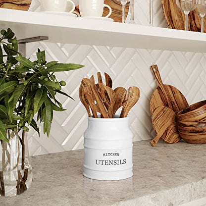 Barnyard Designs Ceramic Kitchen Utensil Holder Countertop 6.75″ (White) | Large Rustic Kitchen Utensil Crock Counter Organizer for Cooking Tools, Spatulas, and Gadgets; Spatula Caddy; Farmhouse Decor