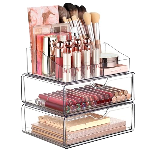 Vtopmart 3 Tier Clear Makeup Organizer with 2 Drawers | Smart Storage Layout, Clear for Better Visibility, Stackable, Large Capacity, for Makeup Lipstick Brush Skincare