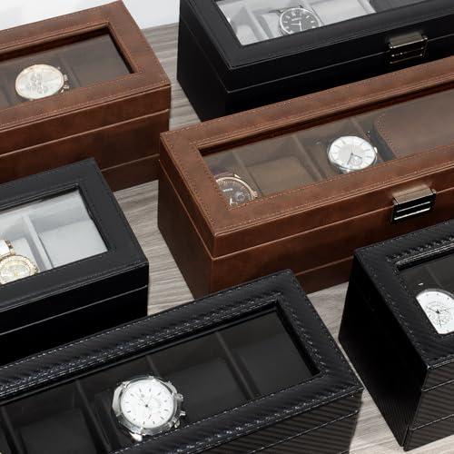 Watch Box for Men 6 Slot,Double Layer Mens Watch Case Display Organizer with Real Glass Top,Large Holder for 50mm Watches,PU Leather Jewelry Drawer Storage Valet Tray for Men,Black