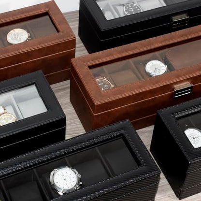 Watch Box for Men 6 Slot,Double Layer Mens Watch Case Display Organizer with Real Glass Top,Large Holder for 50mm Watches,PU Leather Jewelry Drawer Storage Valet Tray for Men,Black