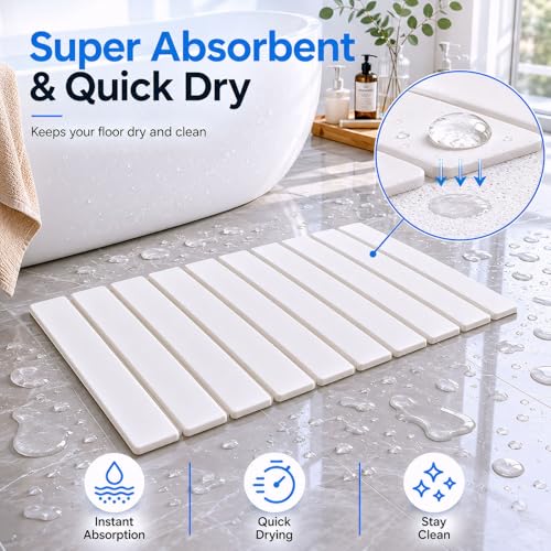 Foldable Stone Bath Mat, 23.6x15.5 Inch Super Absorbent Diatomaceous Earth Mat, Non-Slip Quick Drying and Easy to Clean for Bathroom, White