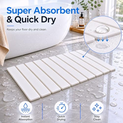 Foldable Stone Bath Mat, 23.6x15.5 Inch Super Absorbent Diatomaceous Earth Mat, Non-Slip Quick Drying and Easy to Clean for Bathroom, White