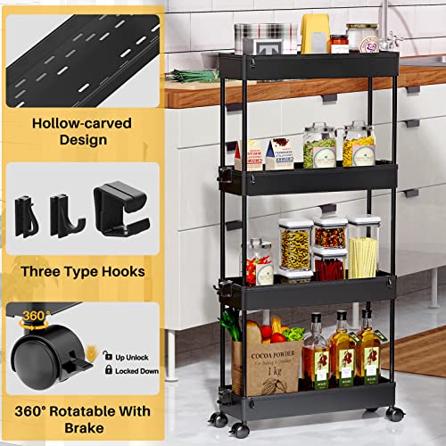 SPACEKEEPER Slim Rolling Storage Cart, 4 Tier Bathroom Cart Organizer,Black | Narrow Rolling Cart with Wheels for Kitchen Office Bathroom Laundry Room,Mobile Utility Cart for Craft Art Makeup Nail Polish