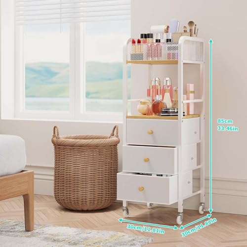 HapiRm Rolling Makeup Cart Organizer - Floor Skincare Make Up Storage with 3 Non-woven Fabric Drawers, Vanity Organizer Cosmetic Display Cases Holder for Skin Care Perfume Nail Polish Brush Hair Tool