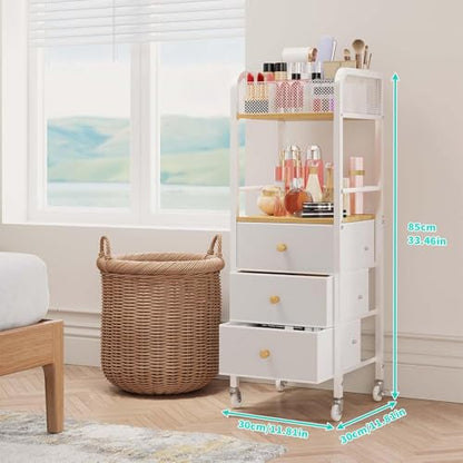 HapiRm Rolling Makeup Cart Organizer - Floor Skincare Make Up Storage with 3 Non-woven Fabric Drawers, Vanity Organizer Cosmetic Display Cases Holder for Skin Care Perfume Nail Polish Brush Hair Tool