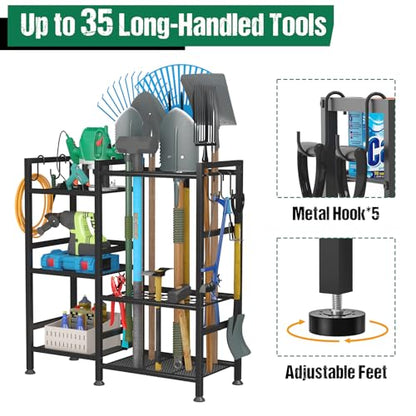 keomaisyto Garden Tool Organizer with Large Hooks, Garage Storage Rack | 3 Tier Yard Tool Holder with 35 Long-Handled Tool Slots, Heavy Duty Garden Tool Rack for Shed, Yard, Garage