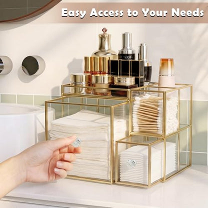 Sumnacon Glass Face Towel Holder with Drawer, Disposable Facial Towels Container with Top Tray, Compatible with Clean Towel XL, Vanity Organizer for Bathroom Skincare Cosmetic Cotton Pads Storage