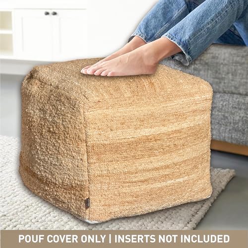 Unstuffed Pouf Ottoman Cover, Beige, 16.5x16.5x12.9 Inches | DIY Fillable Floor Pouf with Storage, Indoor Outdoor Square Ottoman, Footrest, Boho Decorative Floor Pillow