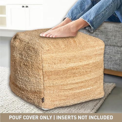 Unstuffed Pouf Ottoman Cover, Beige, 16.5x16.5x12.9 Inches | DIY Fillable Floor Pouf with Storage, Indoor Outdoor Square Ottoman, Footrest, Boho Decorative Floor Pillow