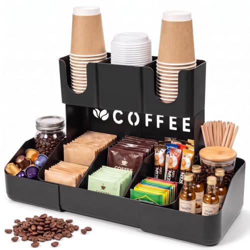 Expandable 2 Tier Coffee Station Organizer, Coffee Bar Organizer with 11 Compartments & Cup Holder Rack, Coffee Pod Holder for K Cups, Tea Bags, Sugar Packets, Countertop Coffee Accessories Storage