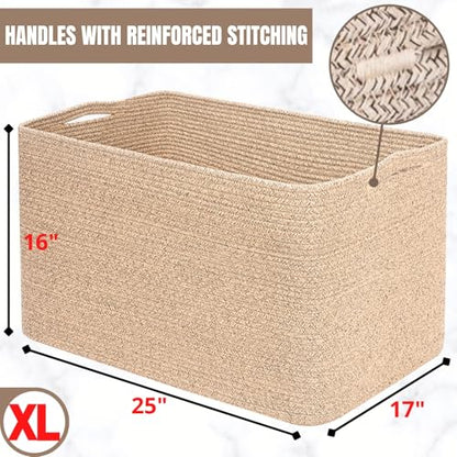 112L Extra Large Blanket Basket Holder Living Room, 25"x17"x16" Rectangle Rope Woven Storage Basket with Handles for Laundry, Towels, Shoes, Dog Toy Organizer Bin Box, Oatmeal Brown