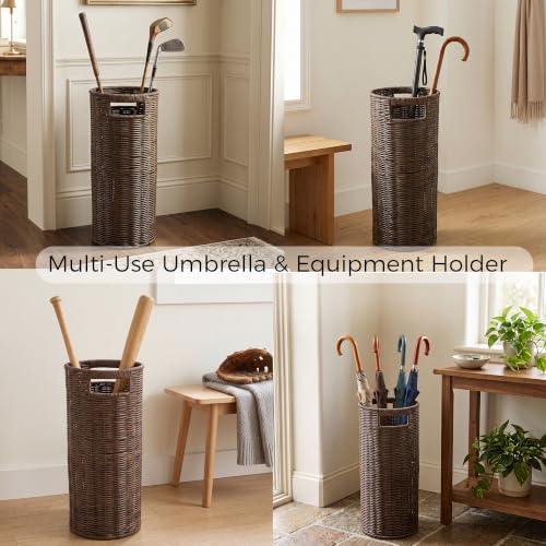 Rattan Umbrella Holder for Entryway with Drip Tray, Round Umbrella Stand for Indoor & Outdoor, Tall Wicker Basket for Storage, Woven Organizer for Home, Office, Hotel, Shop, Brown