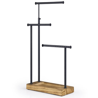 SRIWATANA Carbonized Black Jewelry Organizer Stand, Tall Necklace Holder | 3-Tier 360° Rotating Tall Jewelry Tree with Adjustable Height for Necklaces, Earrings, Bracelets, and Ring Tray