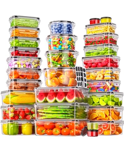 60 PCS Food Storage Containers with Lids Airtight, (30 Lids & 30 Containers) Leak proof Containers Set for Kitchen, Meal Prep, BPA-Free, PVC-Free Plastic, Microwave/Dishwasher Safe, Extra Labels & Pen
