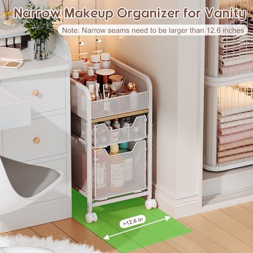 Rolling Makeup Cart Organizer with 2 Drawers, Under Desk Storage | Narrow Floor Skincare Organizers, Vanity Organizer Cosmetics Display Cases Holder for Nail Polish Perfume Makeup Brush, White