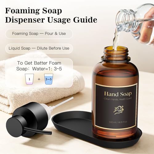 16.9 Oz Glass Foaming Soap Dispenser 2 Pack (Amber) | Refillable Hand & Dish Soap Pump, With Silicone Tray & 8 Waterproof Labels, For Bathroom & Kitchen，Perfect Housewarming Gift