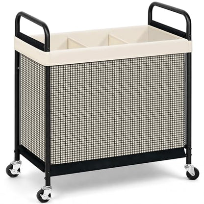 STORAGE MANIAC Rolling Laundry Hamper with Wheels 3-Section Laundry Sorter Rolling Laundrys Basket on Wheels with Removable Bag Clothes Hamper Laundrys Organizer Cart Bathroom Bedroom 120L Beige