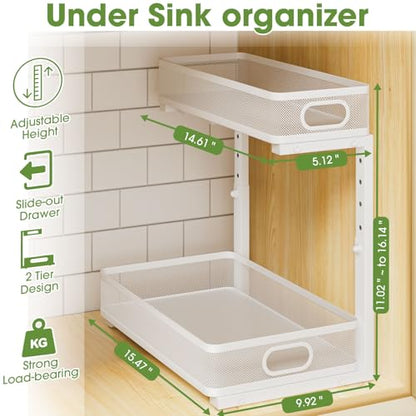 Under Sink Organizer 2-Pack, Metal 2-Tier Pull-Out Cabinet Shelf with Slide-Out Mesh Drawers, Height Adjustable, Space-Saving Under Sink Storage Racks for Kitchen, Bathroom, Laundry Room, White