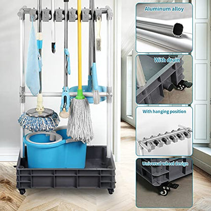 Broom And Mop Holder Put Wet Mops Movable Floor-Mounted Mop Rack Floor Standing Cleaning Tool Cart Storage For Garden Garage Schools, Hospitals, Factories, Hotels,Property Companies (12racks)