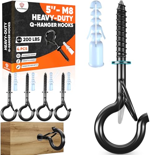 [HEAVY-DUTY] 250Lbs 5’’ M8 Q-Hanger Hook with Safety Buckle & Washer, 4Pcs | Black Windproof Screw Hooks for Hanging Plant with Expansion Tubes, Screwdriver, Hanging Outdoor String Light Christmas Patio