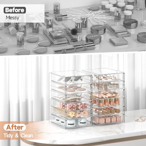 DOMNIU Acrylic Makeup Drawer Storage Organizer with 24 Drawers, 4 Set | Office Desk Organization and Storage, Dustproof Drawer Organizer for Makeup, Countertop, Jewelry, Desktop, Bathroom, Bedroom